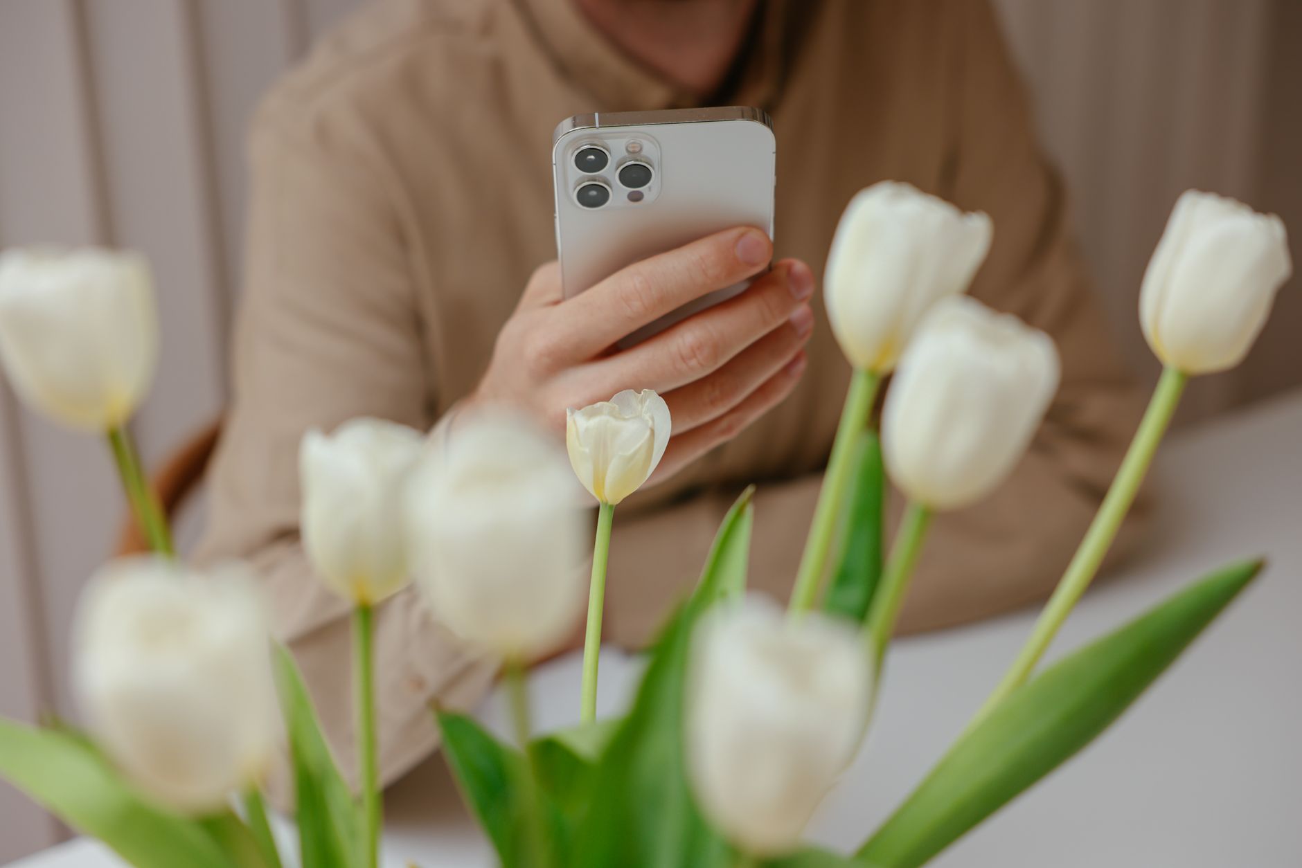 A person photographing a vase of white tulips with a smartphone