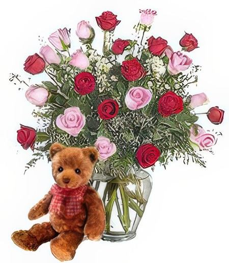 Bear w/ 2-Dz Pink & Red Roses &mdash; Gift Delivery