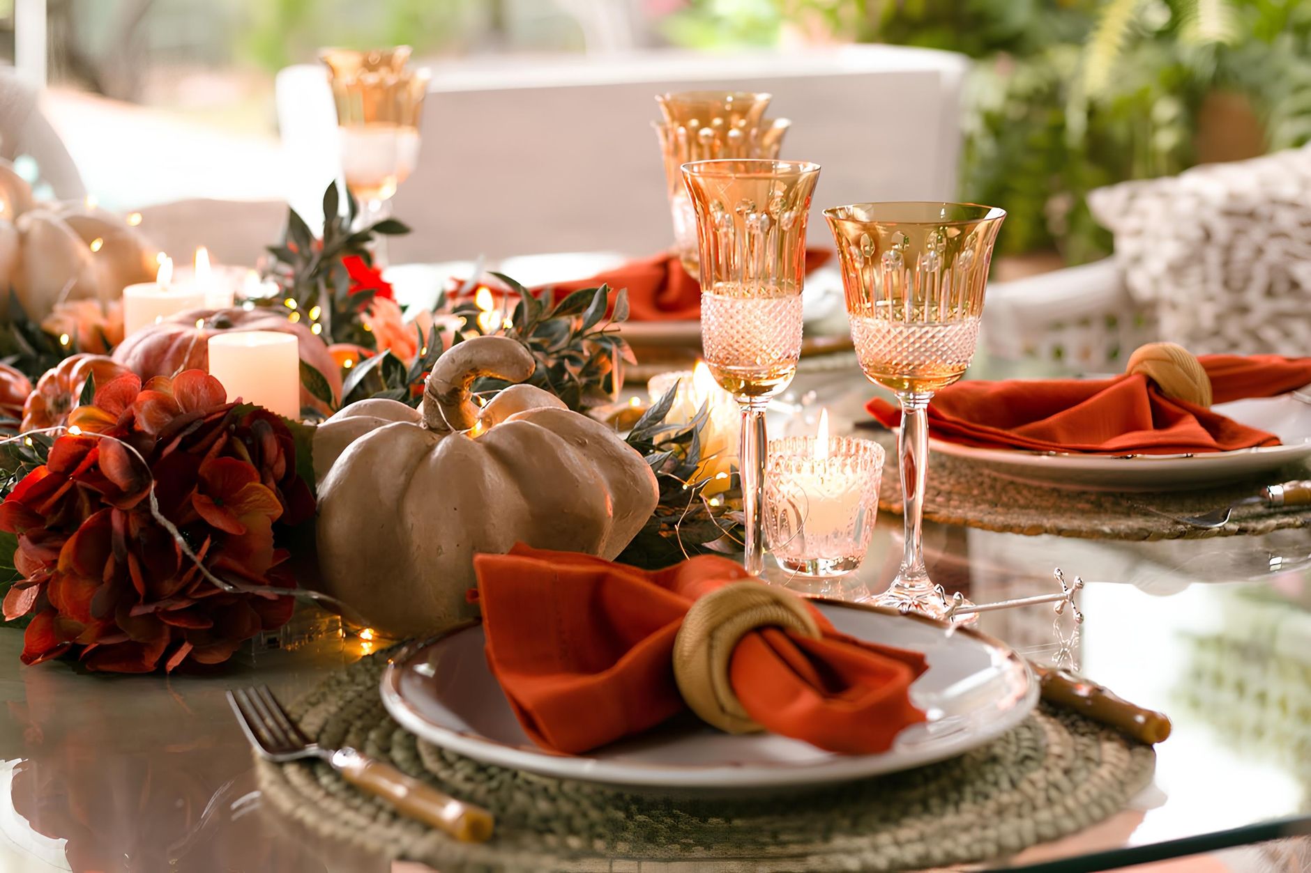 An autumn dinner table set with rust-colored flowers, a pale pumpkin, glowing candles, gold-rimmed glasses, and rust linen napkins