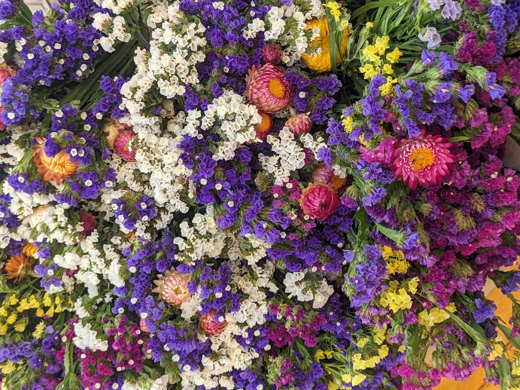 A top-down view of a dense mixed bouquet of purple statice, white filler, and strawflowers