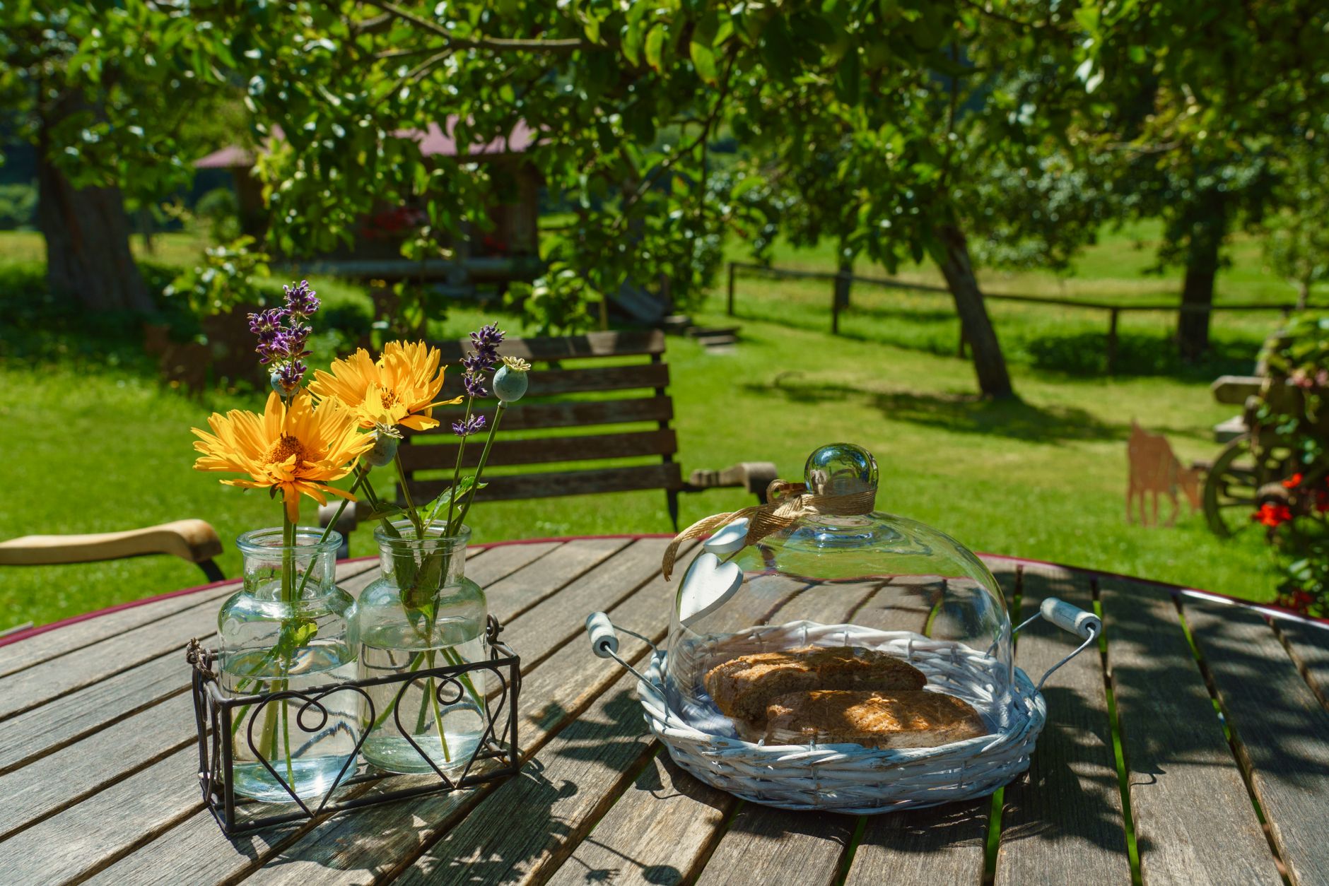 A garden table with orange daisies and purple flowers in glass vases and a covered plate of cookies, with trees behind